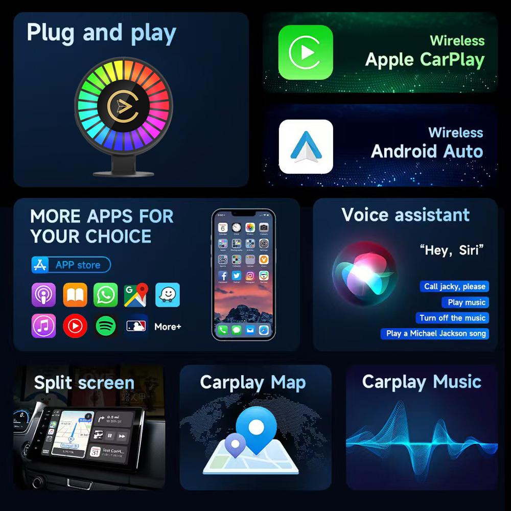 3-in-1 Wireless Carplay Android Auto Adapter Plug and Play Car Aromatherapy withCar Smart APP Control RGB Music Lamp  Rechargeable for Car Air Outlet