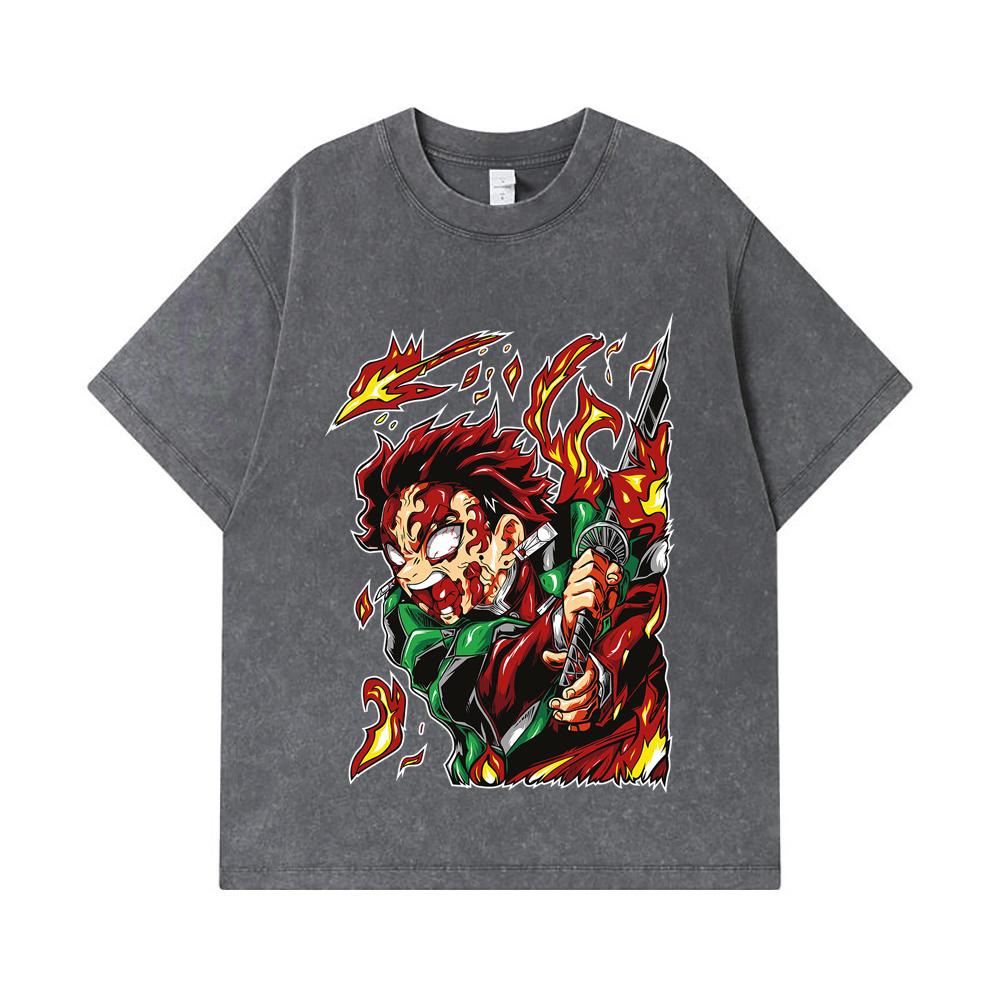 275 GSM Washed T-shirts 100% Cotton Demon Slayer V101 Tanjiro Print Unisex Heavy Cotton T Shirt