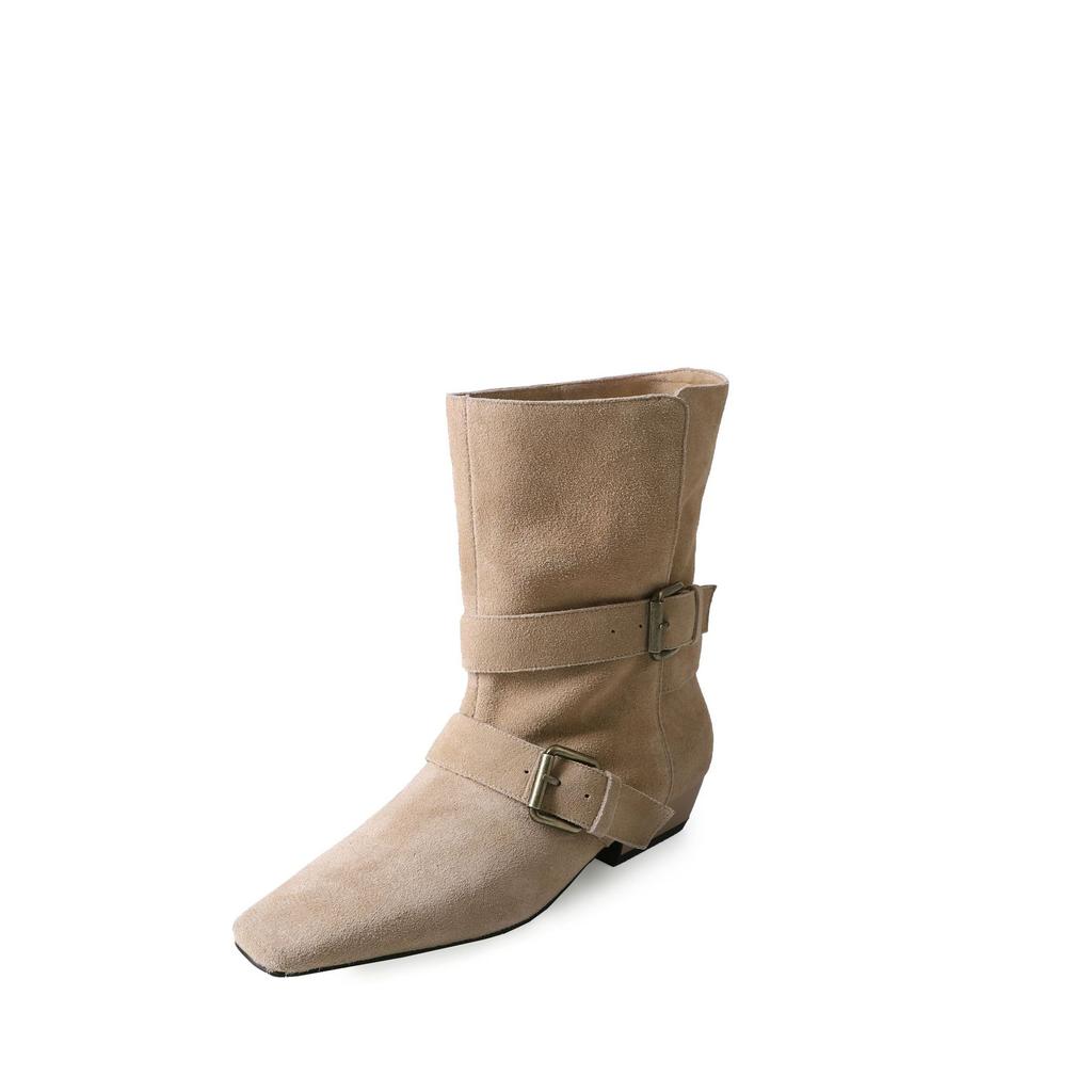 Wind Cow Anti-Velvet Fashion Boots Temperament Square Head Belt Buckle Sleeve Medium Heel Thick Heel Short Boots Large Size Boots