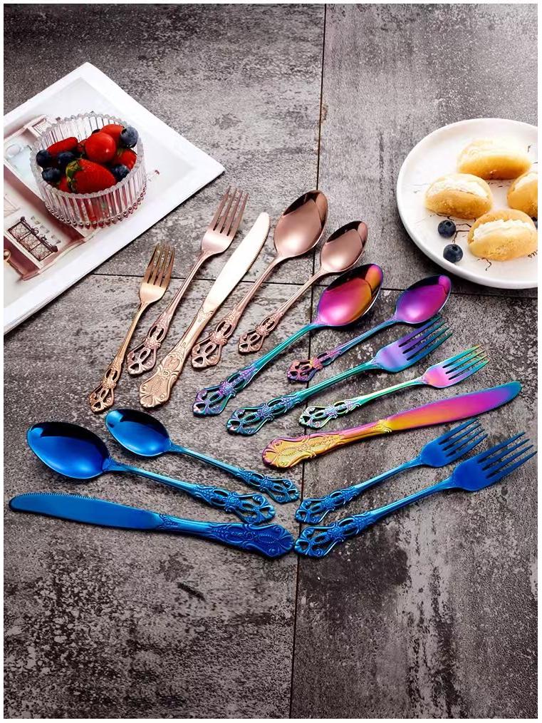 Royal Court 24-Piece Stainless Steel Cutlery Set - Embossed Hollow Steak Knives, Forks, and Spoons