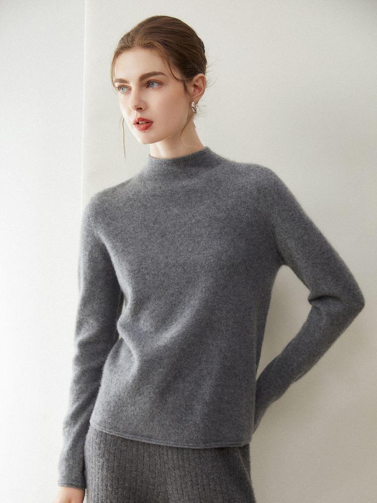 Women's 100% Pure Cashmere Rolled Hem Sweater, Half-High Neck, Autumn/Winter Knit Base Layer
