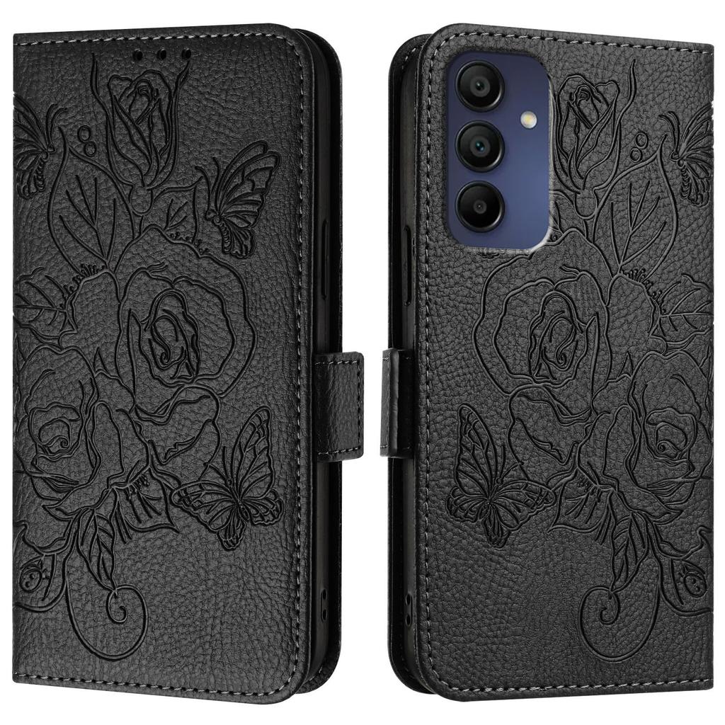 For Samsung Galaxy A16 5G/A16 4G Case Rose Imprinted RFID Blocking Leather Phone Cover with Strap
