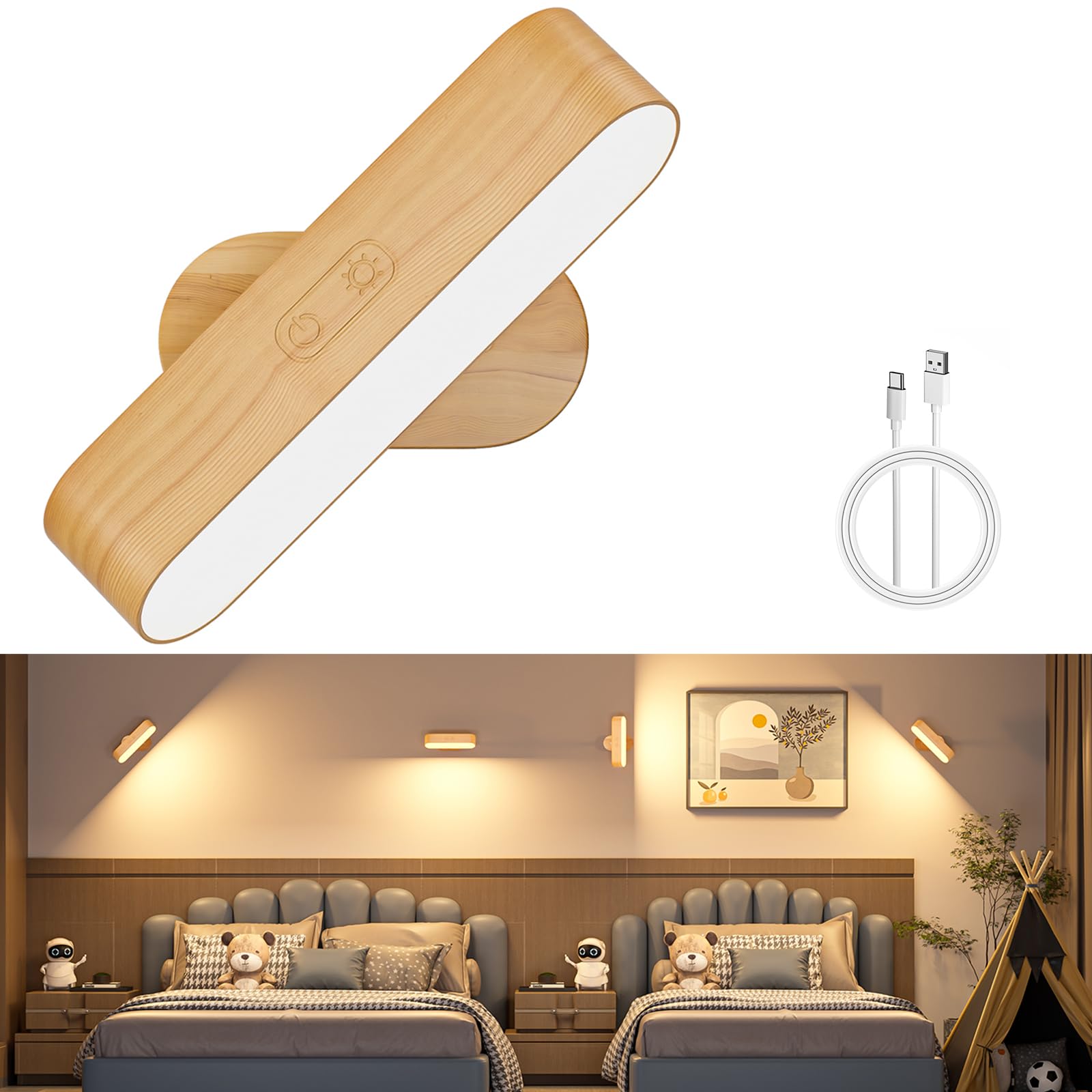 

Hensam LED Wall Light, No Installation Required, Rechargeable, 5000mAh, Dimmable, Color-Adjustable, Cordless, Wall-Mounted, 360° Angle Adjustment,