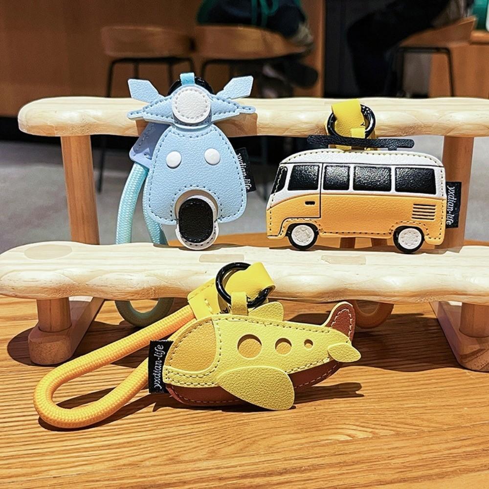 PU Leather Bus Shape Keychain Unique Bag Hanging Decoration Cartoon Airplane Keychain  Gift
