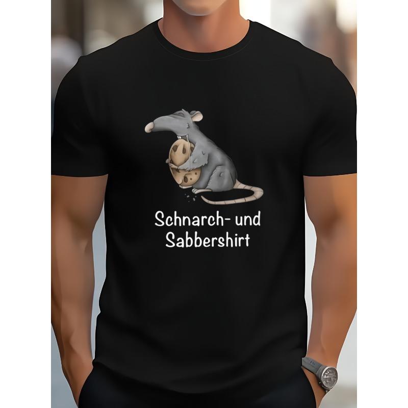 European Size Black Mouse Eating Cookie Style T-Shirt, with Text Schnarchundsabbershirt, Suitable for Casual Wear, Fun Gifts, Designer Clothing