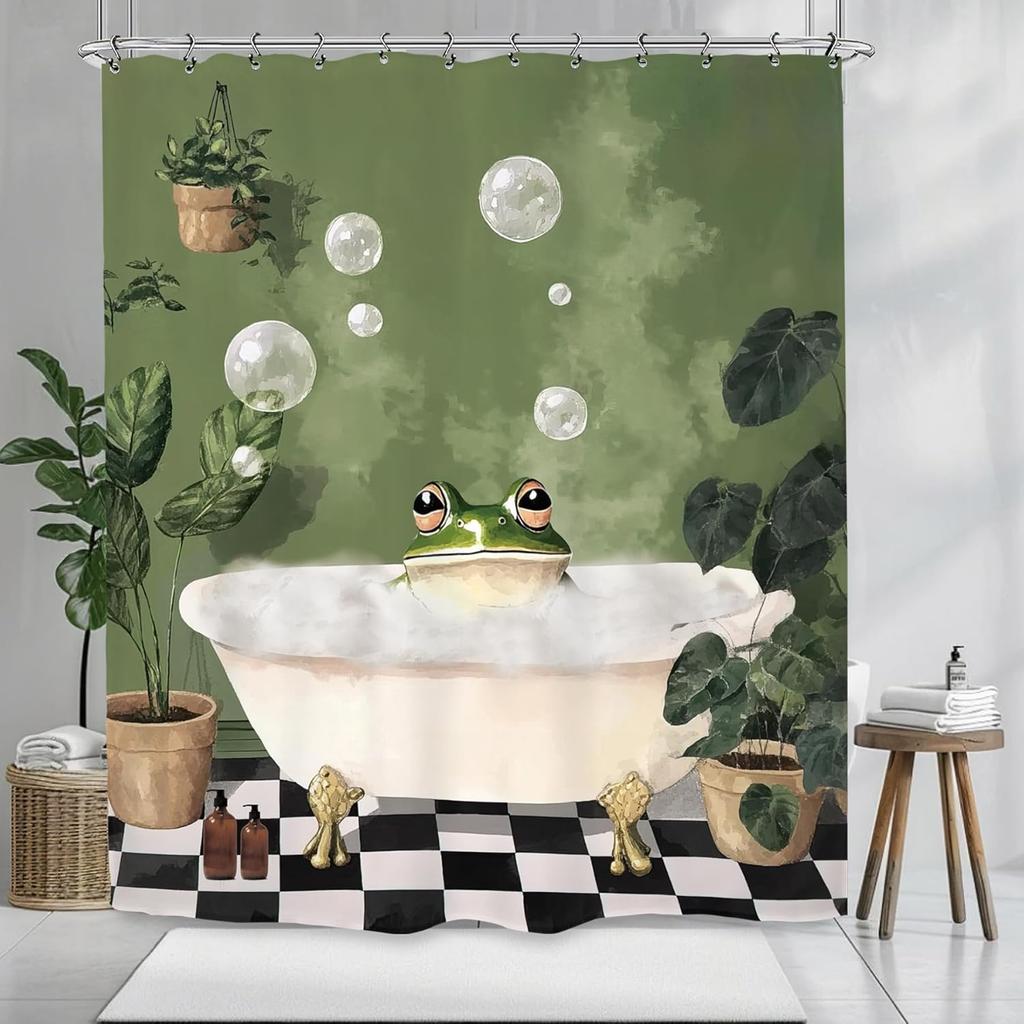 Funny Frog Cute Shower Curtain Animal Hilarious Green Plant Vintage Bathroom Set Accessories Decor with 12 Pack Hooks