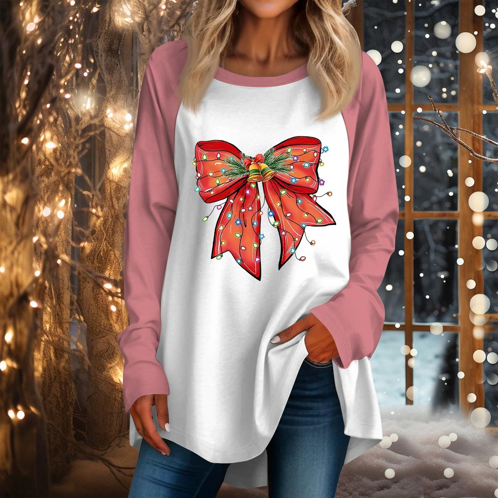 

Женская повседневная футболка больших размеров с длинными рукавами и круглым вырезом с рождественским принтом, топ, пуловер L киноварь