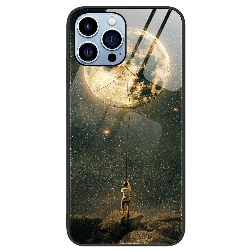 

For iPhone 15 Pro Pattern Printing Back Cover Anti-Scratch Tempered Glass+PC+TPU Phone Case Moon