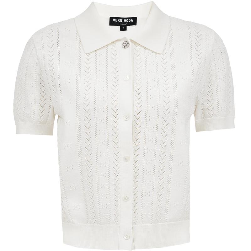 

VEROMODA Women s Lapel Crochet Knit Short Sleeve Top M