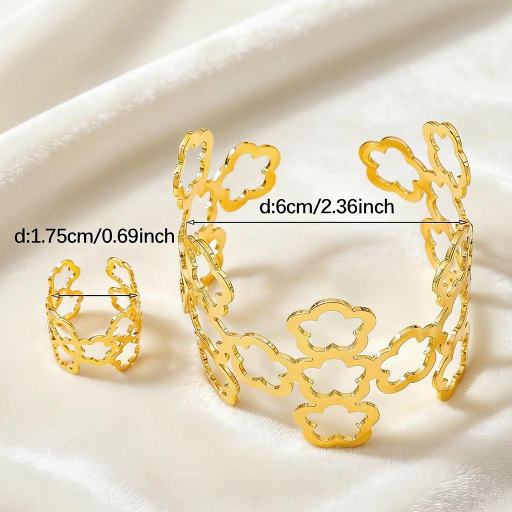 European & American Fashion Metal Clover Open Cuff Bracelet & Ring Set for Women