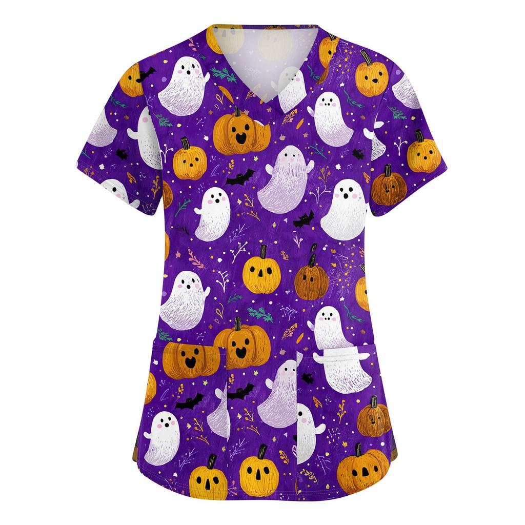 Dámské roztomilé potištěné pracovní oblečení Výstřih do V Dvouvrstvé kapsy Základní top s krátkým rukávem Pulovr