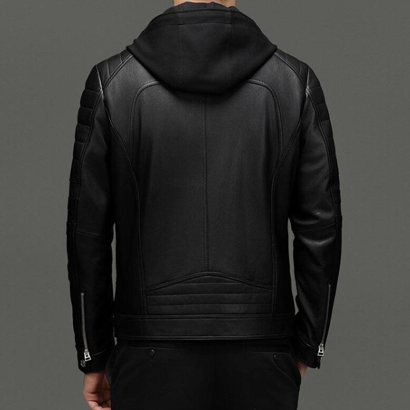 Men's Goat Leather Leather Jacket Men's Hooded Removable Youth Trend Motorcycle Clothing Leather Jacket