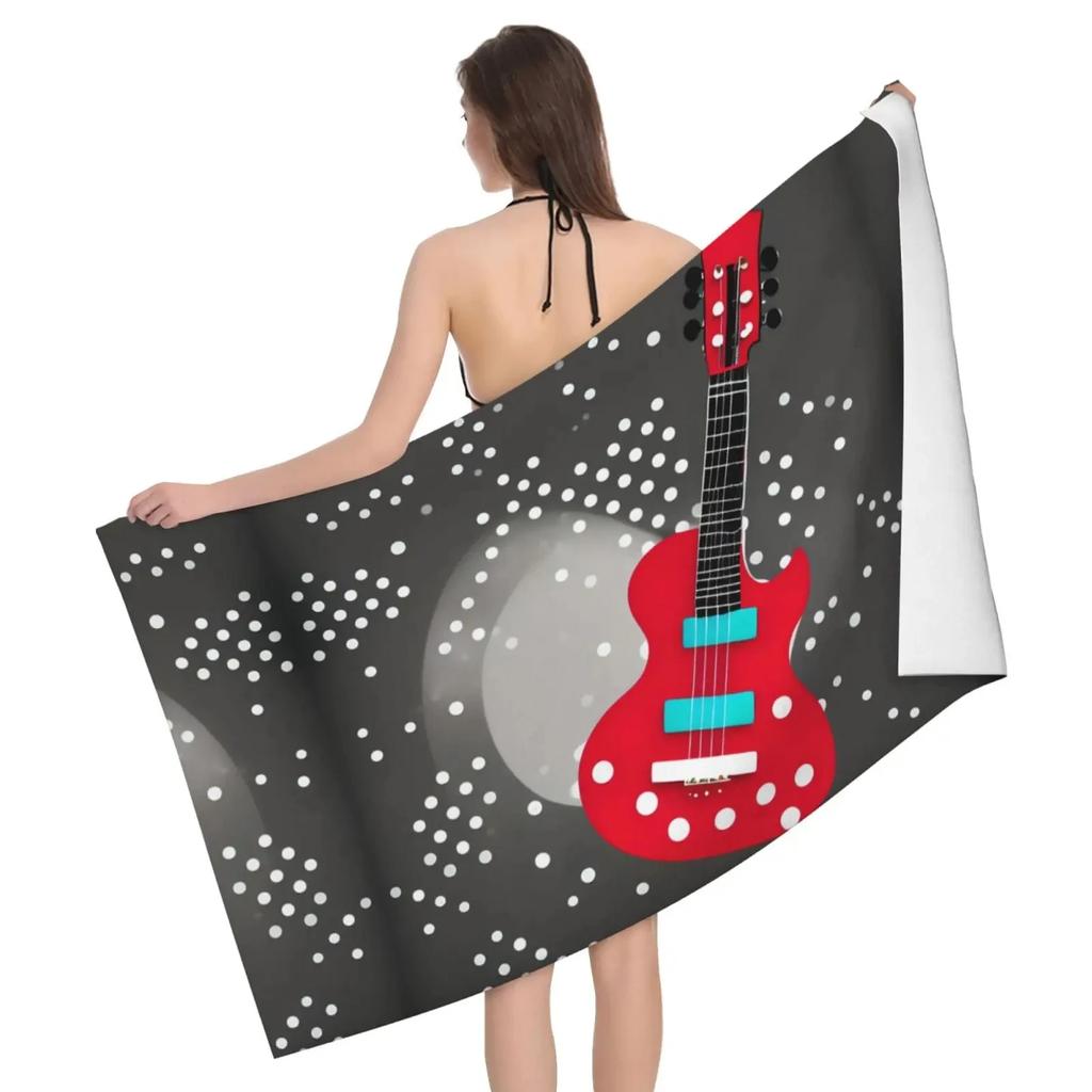 Vintage Guitar Pattern Print Beach Towel Sand Free Quick Dry Absorbent Music Theme Bath Towel For Pool Swimming Bathroom Beach