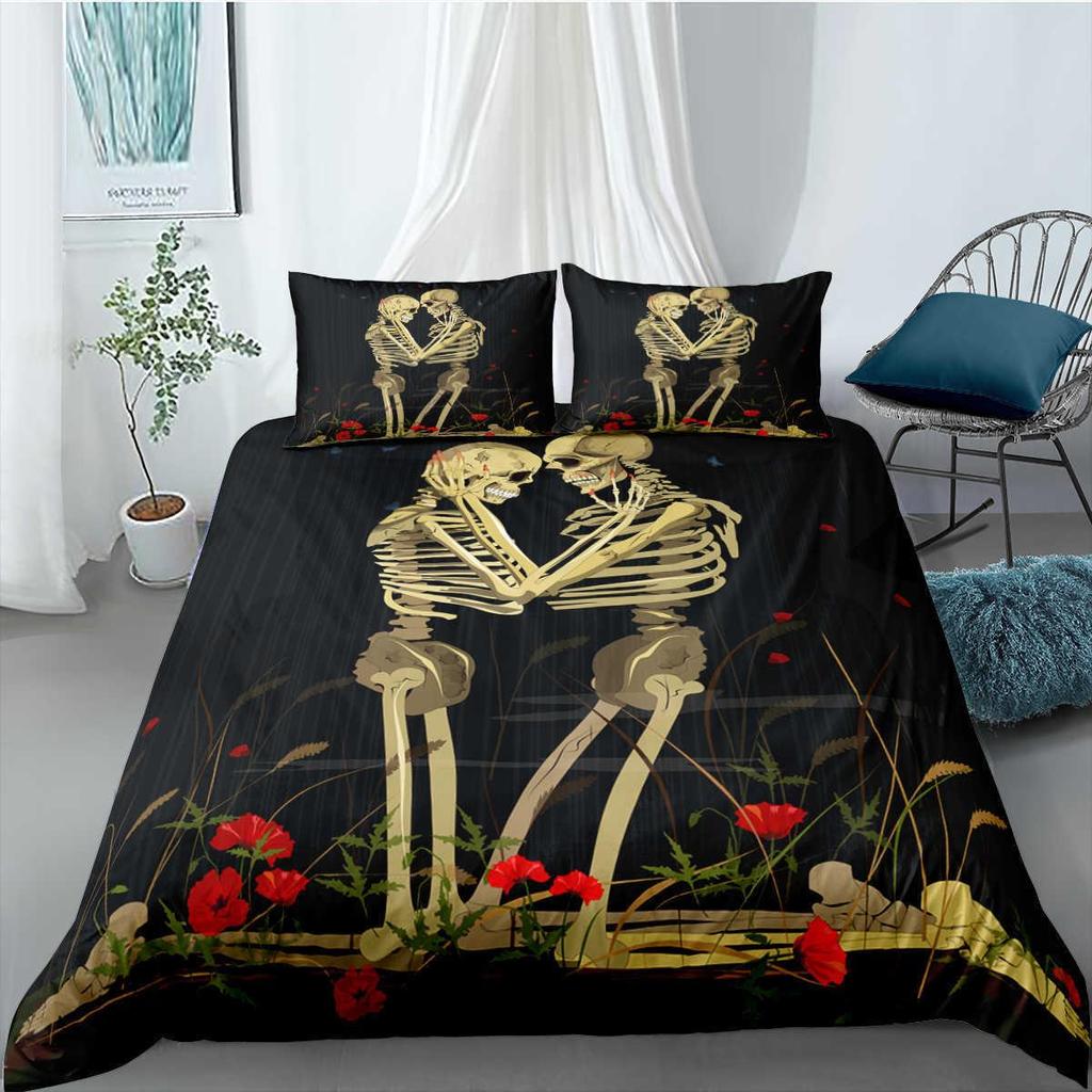 Skull Duvet Cover Set Queen Black Skeleton Paisley Floral Pattern Bedding Set For Teen Adult Polyester Halloween Comforter Cover
