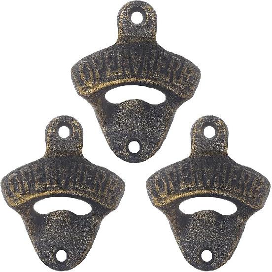 Rustic Wall Mounted Soda Bottle Opener Cast Iron Beer Cap Opener Antique Copper for Wooden Cooler Table Post (Pack of 3)