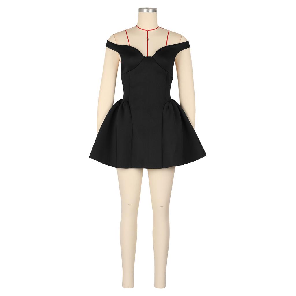 Women's Off Shoulder Deep V Neck Puffy Skater Mini Dress Ruched Waist Bodycon Sexy Summer Club Night Cocktail Party Dress