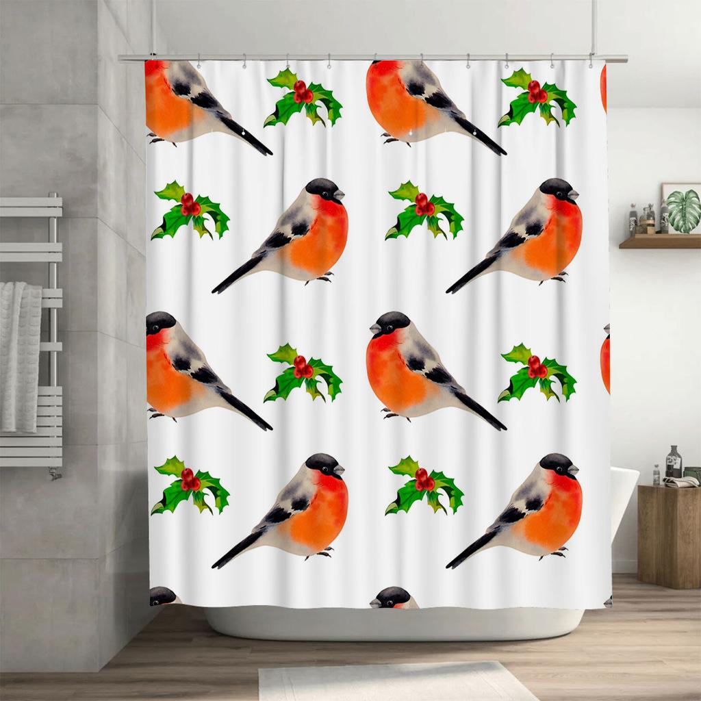Leuchtend Roter Vogel Weihnachts-Duschvorhang Dekoratives Aquarell-Badezimmerteppich-Set Floraler Blumendruck Heim-Badezimmerdekoration 180x240
