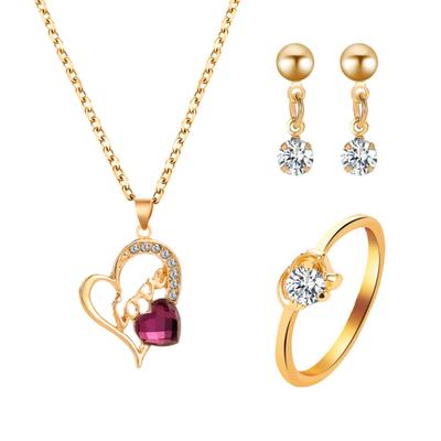 Love Heart Pendant Necklace Rhinestone Inlaid Earrings Ring Women Jewelry Set