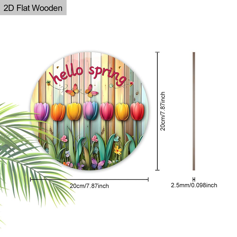 2D Flat, 1pc Hello Spring Colorful Tulip Wooden Hanging Sign Spring Party Ornament Perfect for Home Wall and Entry Door Decoration Garden Decoration