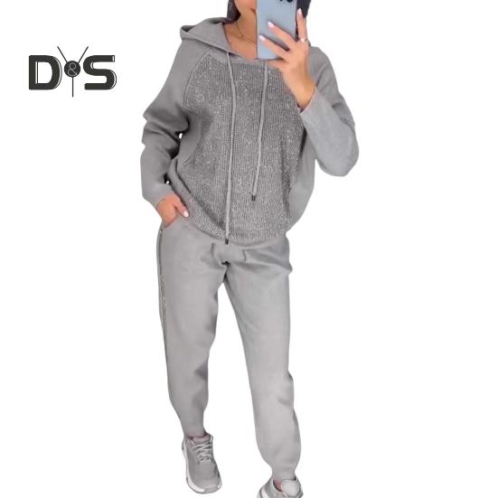 

2 шт./комплект женский костюм с капюшоном и брюками, декорированный стразами, с длинными рукавами, пэчворк, спортивная толстовка с эластичной талией, брюки, фитнес-костюм, осенне-весенний спортивный костюм XXXL серебряный серый