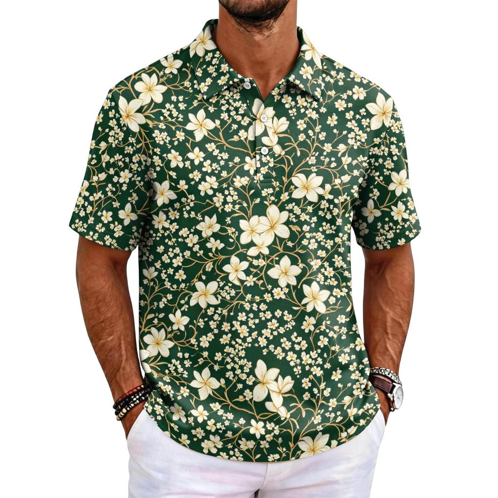 Men's Short Sleeve Polo Shirt Hawaiian Style Loose Fit Casual Top Button Down Collar Soft Fabric All Over Print Design
