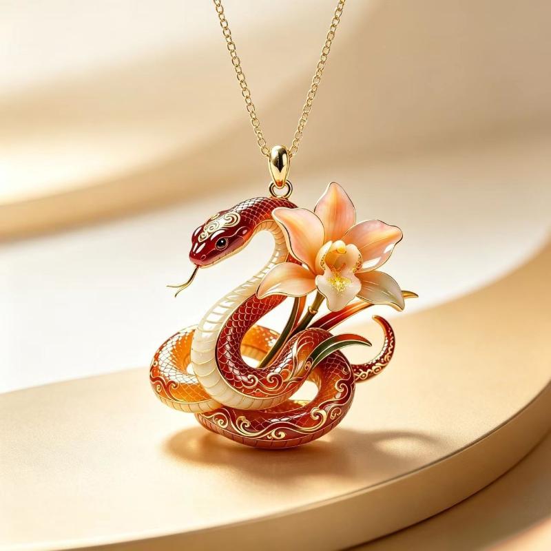 Vintage Jade Orchid Spirit Snake Light Luxury Keychain Pendant Elegant Snake Pendant Necklace For Girlfriend Jewelry Gift