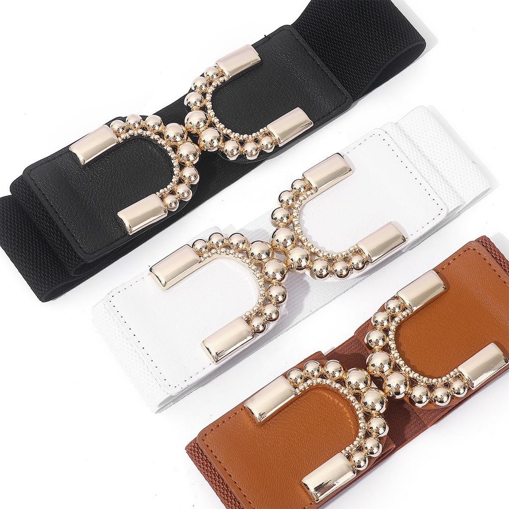 Fashion Retro Double C Pair Buckle Wide Version Waist Seal for Women Elastic Elastic Down Jacket Dress for Women Women Belt