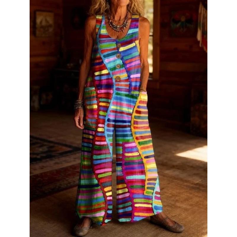 2026 Women's Vintage Summer Cotton and Linen Button Pocket Comfortable Sleeveless Casual One-piece Wide Leg Jumpsuit