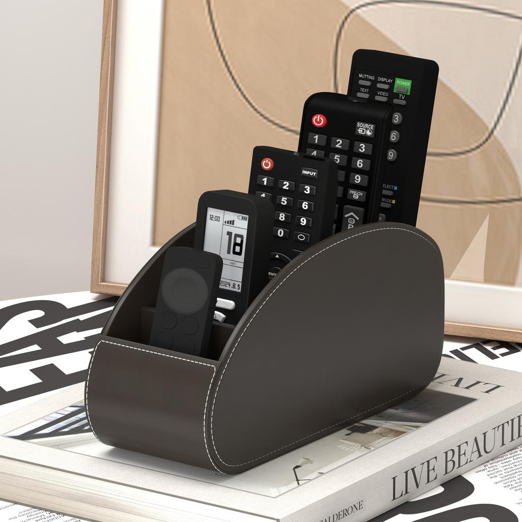 1pc PU Remote Control Holder with 5-Compartment Storage Box, Multi-Function Desktop & Bedside Organizer for TV Remote, Media