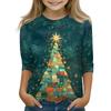 Christmas Day Print Tops For Youth Girls 4-11 Years Round Neck 3/4 Sleeves T-Shirts Trendy Tops Outfit Tees