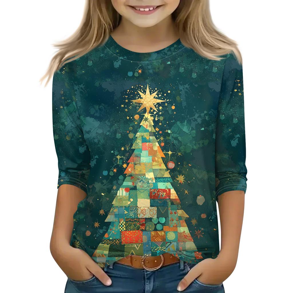 Christmas Day Print Tops For Youth Girls 4-11 Years Round Neck 3/4 Sleeves T-Shirts Trendy Tops Outfit Tees