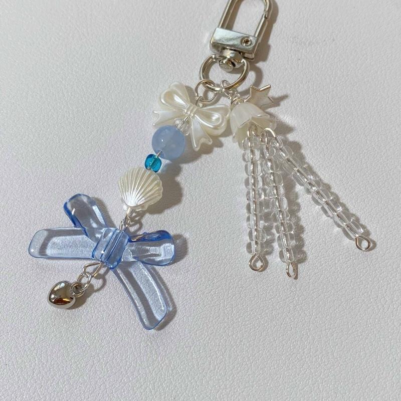 Y2K Phone Charm Blue Bow Star Keychain Beaded Pendant Kawaii Keychain Anti-Lost Bag Chain Cute Accessory for Girls Women Jewelry