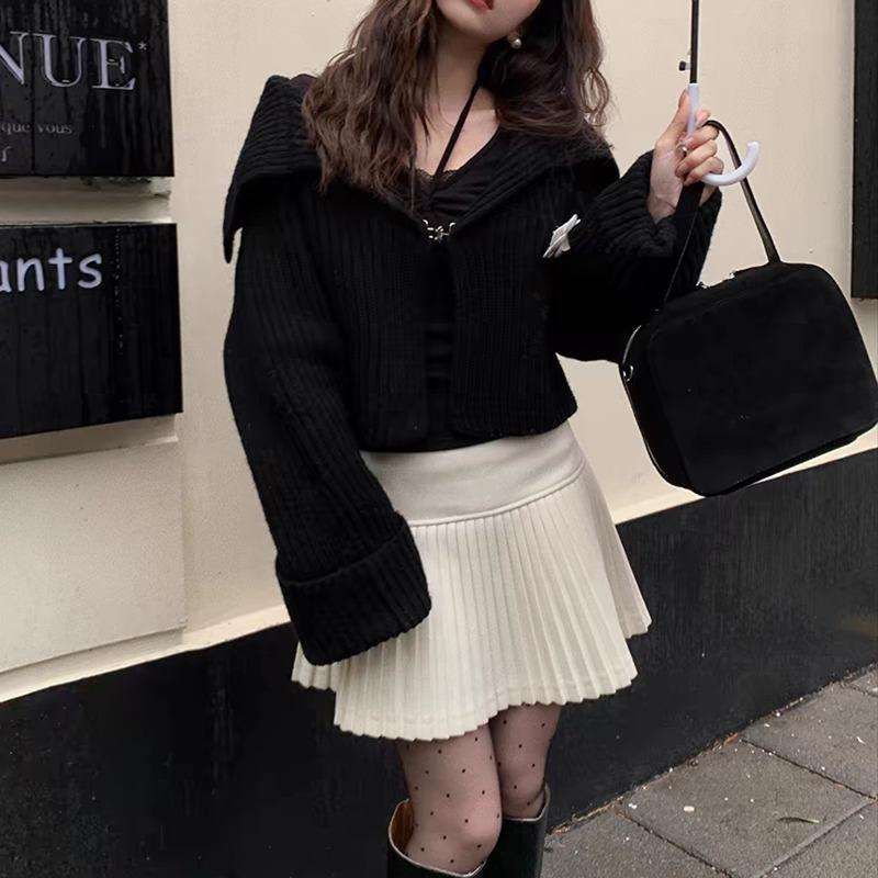 Elegant Knitted Cardigan Women Short Sweater Jacket Spring and Autumn Long Sleeve Casual Korean Fashion Lapel Coats Solid Simple Office Clothes