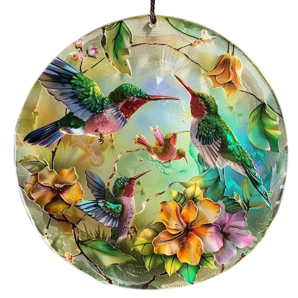 Portable Acrylic Hummingbird Hanging Suncatcher Flat Round Window Pendant Ornament Colorful Garland Decoration Window