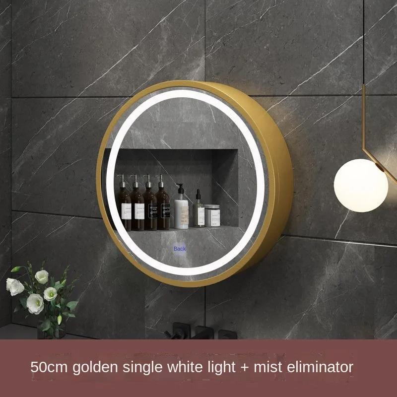 Wall-mounted solid wood oval LED smart bathroom mirror storage box cabinet bathroom toilet wall-mounted round mirror with light