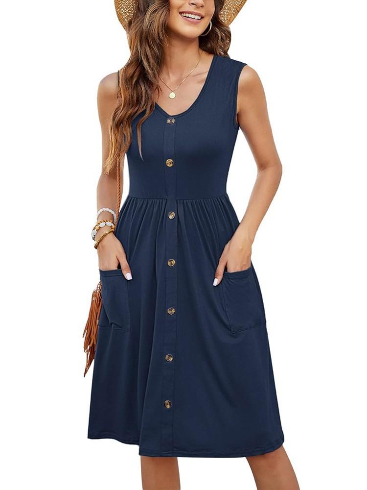 2025 New Cross-border European and American Summer Women s Dress, Fashionable Casual Sleeveless Buttoned Mid-Length Slim Dress S