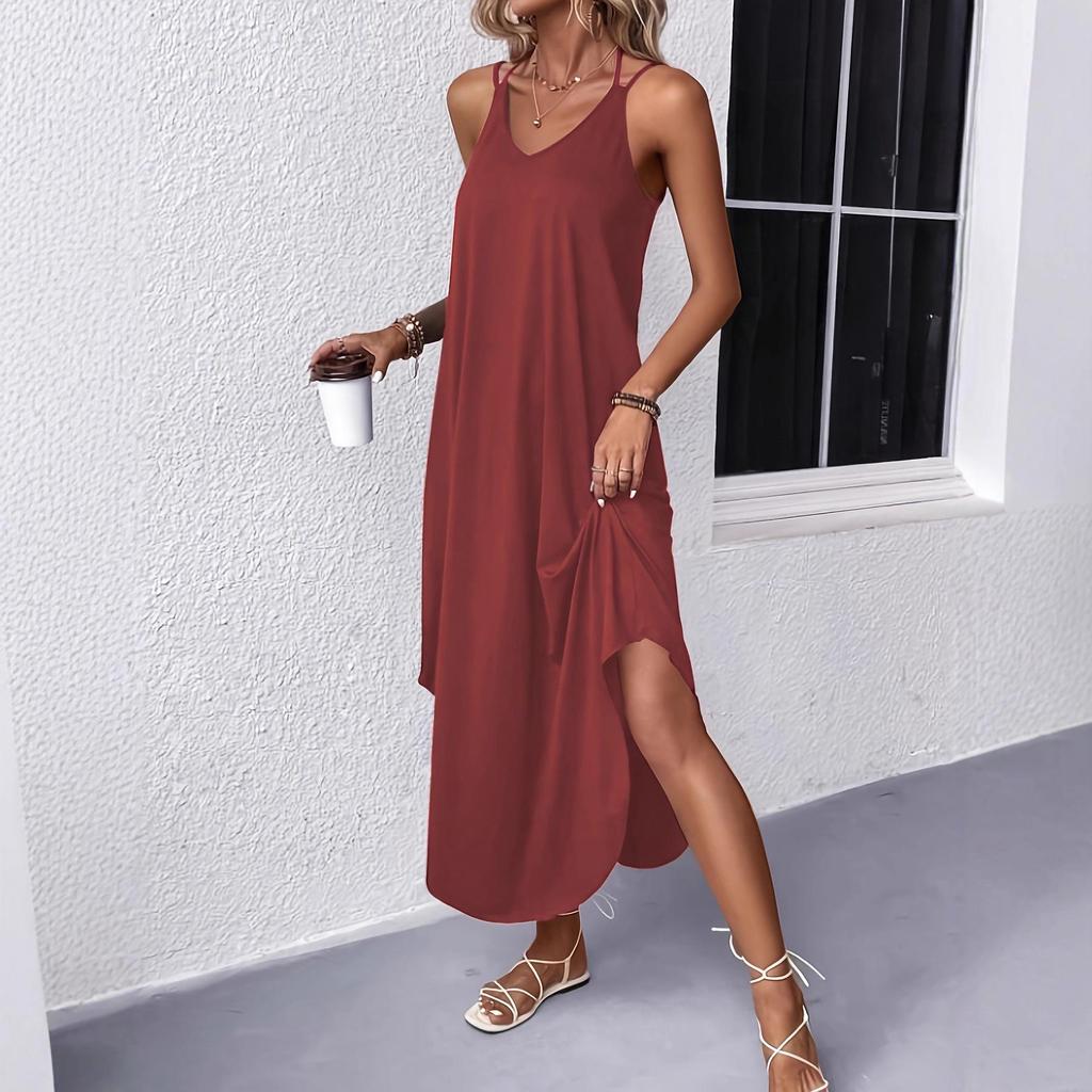 European & American Women's Solid Color Sleeveless Maxi Slip Dress