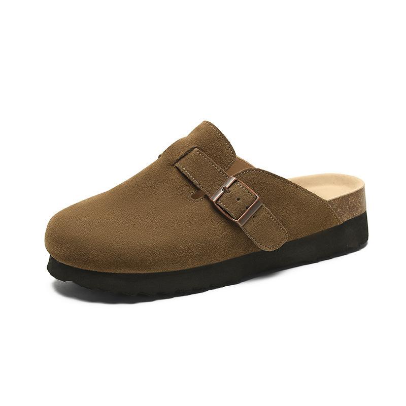 Spot large size Sanxi same style, all leather slippers, cork bottom thick bottom inner height increase bag head half slippers Boken shoes women