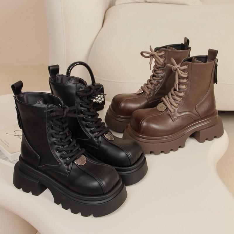 European Breathable Internet Celebrity Martin Boots Women's 2025 Autumn New Spice Girl Square Head Big Head Lace-up Thick Sole Heightening Short Boots