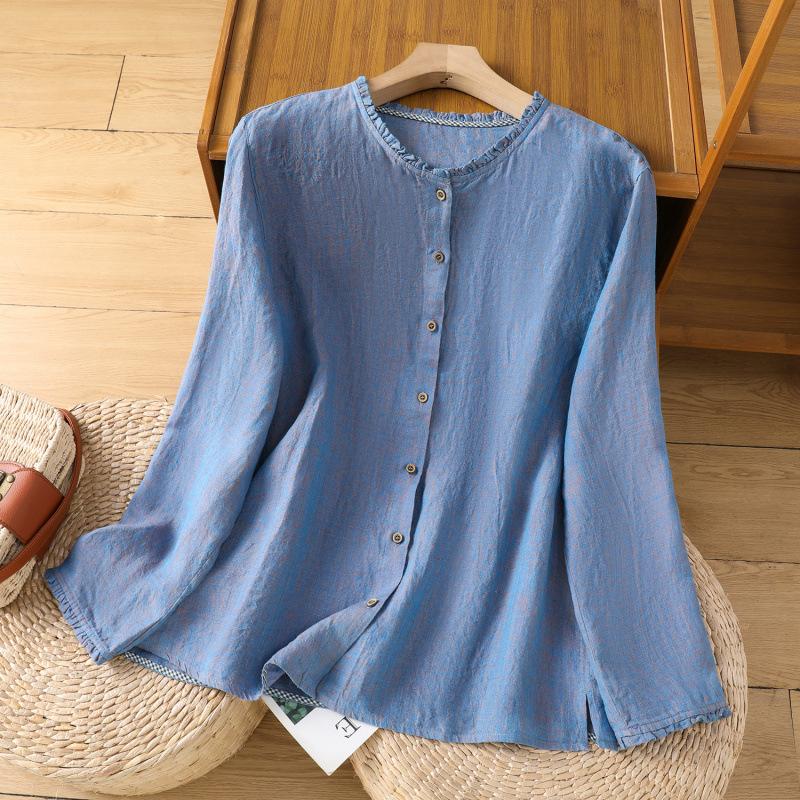 Cotton Linen Long Sleeve Ruffled Collar Loose Vin M синий