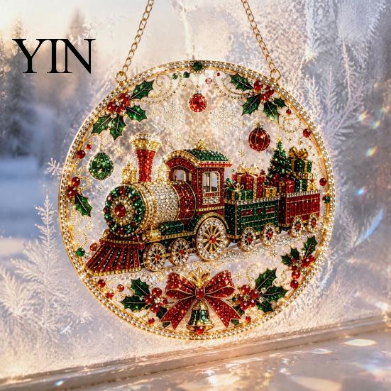 Holiday Art Decoration Christmas Faux Diamond Ornament Kit, Santa Angel Sun Catcher DIY Acrylic Detailed Printed Symbol Design Round Board,