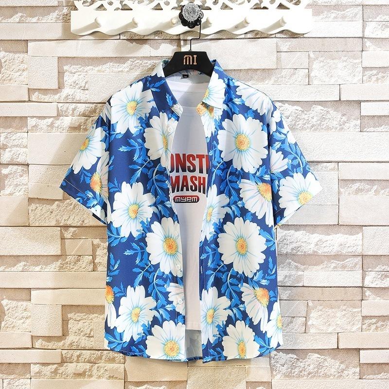 

Men s Blue Daisy Print Short Sleeve Shirt Button Down Casual Hawaiian Style Blouse M