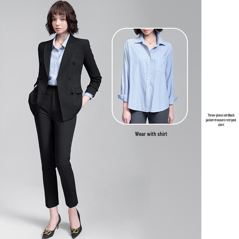 Women's Gray Double-Breasted Suit Set - 2025 Spring/Autumn British Style Formal Workwear