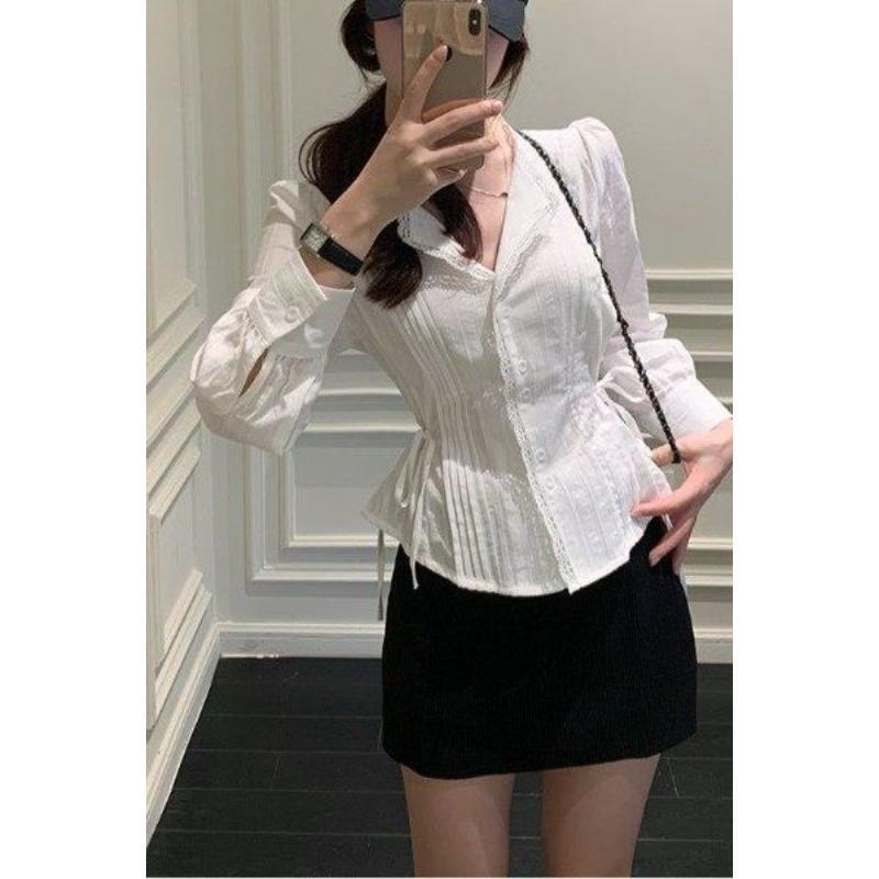 High-end Heavy-duty Pleated White Long-sleeved Shirt for Women in Autumn Waist Slimming Niche Versatile Tops