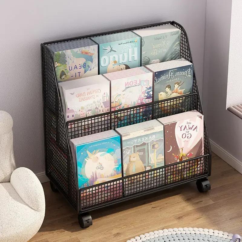 Large Book Library Cart Mobile Iron Document Bookcase Rack Picture Underdesk Storage Bookshelf Holder Children Room Organizer