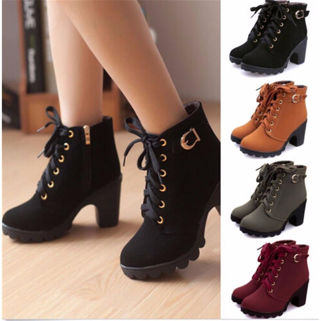 Elegant Women High Heels Lace Up Ankle Boots With Zipper And Buckle Platform