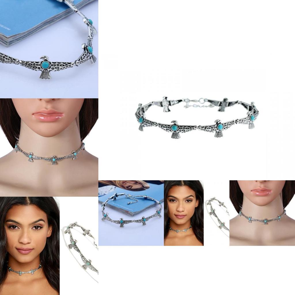 Gypsy Bohemian Geometric Necklace With Bird Design Artificial Turquoise Decor For Women Fashion Jewelry