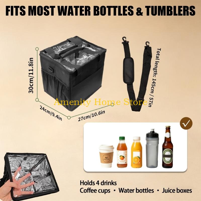 F26C Insulated Coffee Cup Bag Capacity 4 Bottles Adjustable Compartments Foldable Designs Shoulder Strap