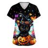 Women's V-neck Halloween Printed Short-sleeved Pocket Side-slit Protective Suit Top