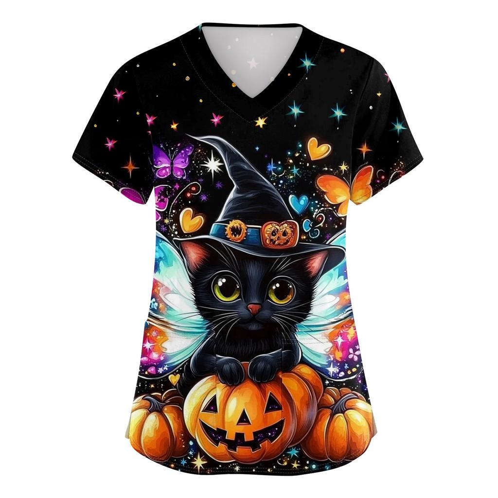 Women's V-neck Halloween Printed Short-sleeved Pocket Side-slit Protective Suit Top